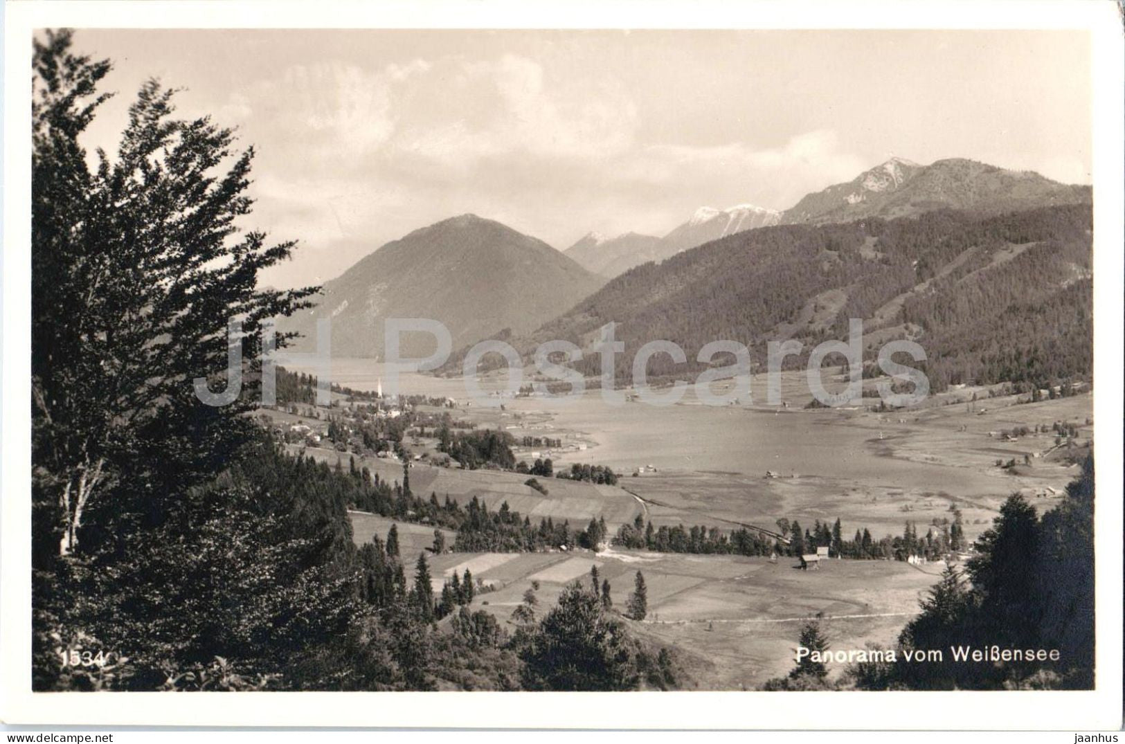 Panorama von Weissensee - lake - mountains - village - 1534 - old postcard - 1939 - Austria - unused - JH Postcards