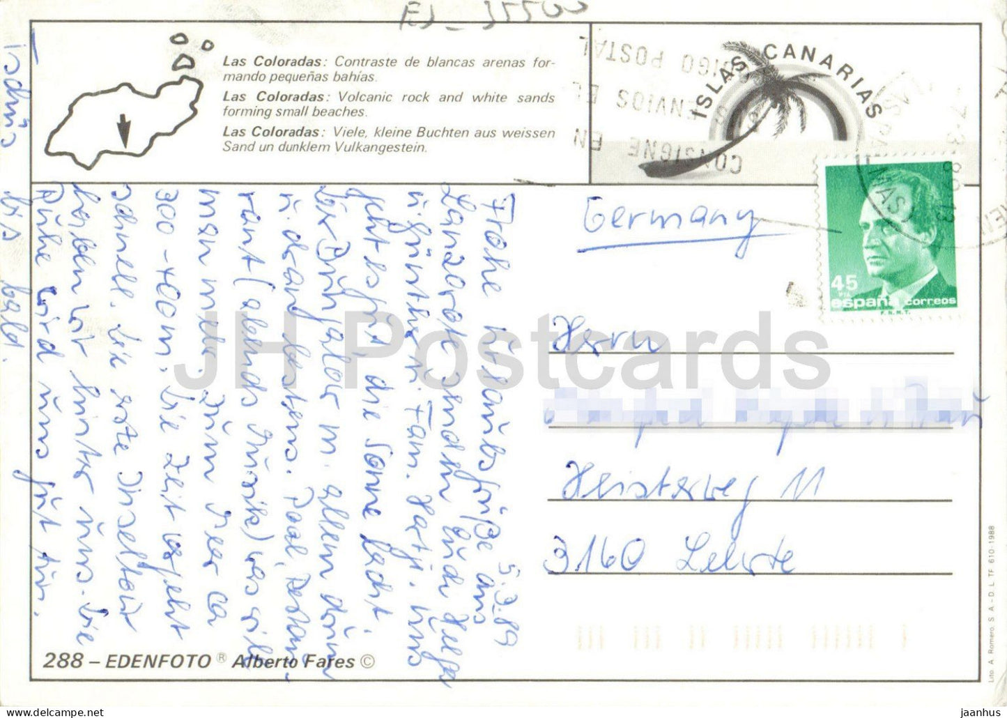 Isla de Lanzarote Las Coloradas - volcanic rocks - white sand beaches - 288 - 1989 - Spain - used