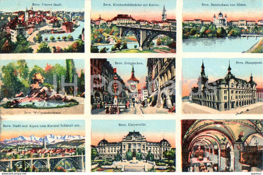 Bern - Mehrbildkarte - Untere Stadt - Bundeshaus - Zeitglocken - Universitat - old postcard - 1915 - Switzerland - used - JH Postcards
