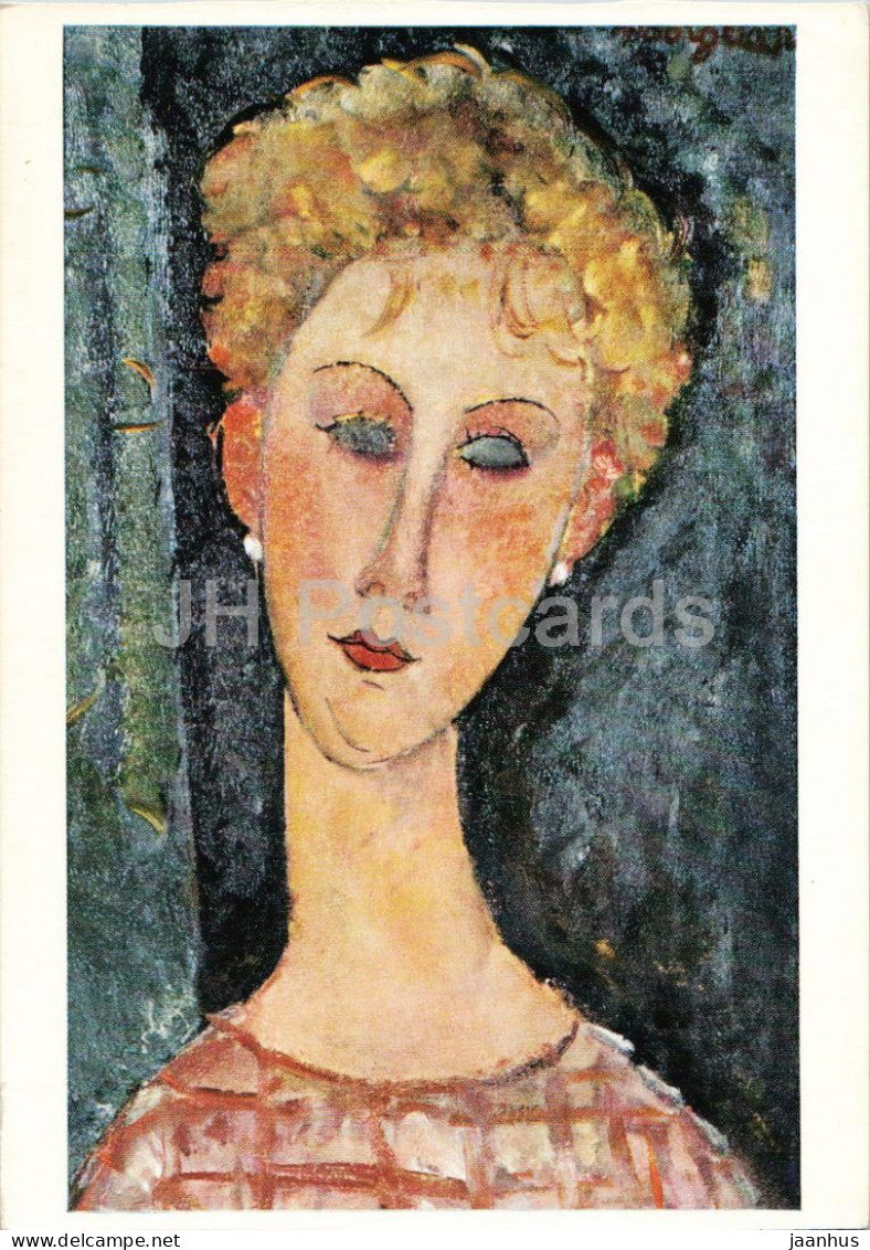 painting by Amadeo Modigliani - Portrait of a Lady - Damenbildnis - Italian art - 1960s - Germany - unused - JH Postcards
