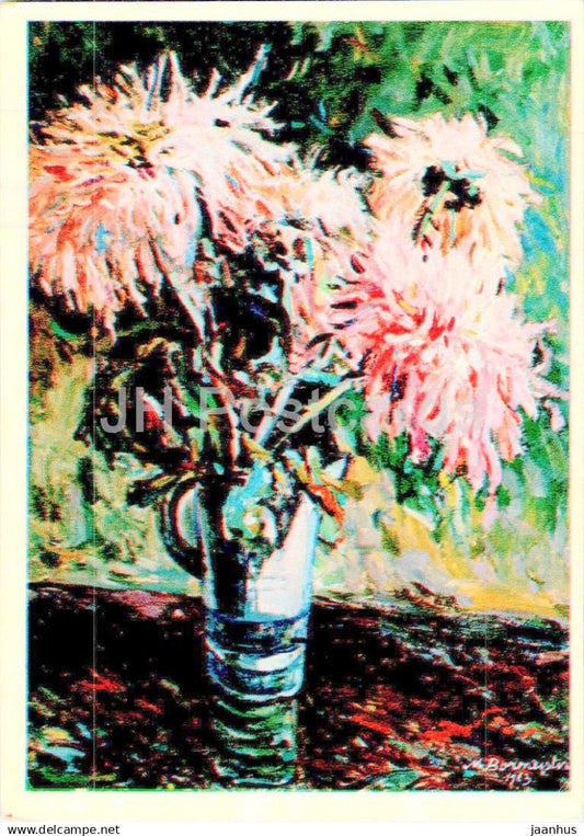 Birthday Greeting Card by M. Bormeister - Chrysanthemum - vase - flowers - illustration - 1966 - Estonia USSR - used - JH Postcards