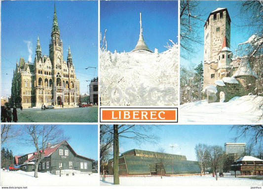 Liberec - Town Hall - Mountain hotel Jested - multiview - 1991 - Czech Republic - Czechoslovakia - used - JH Postcards