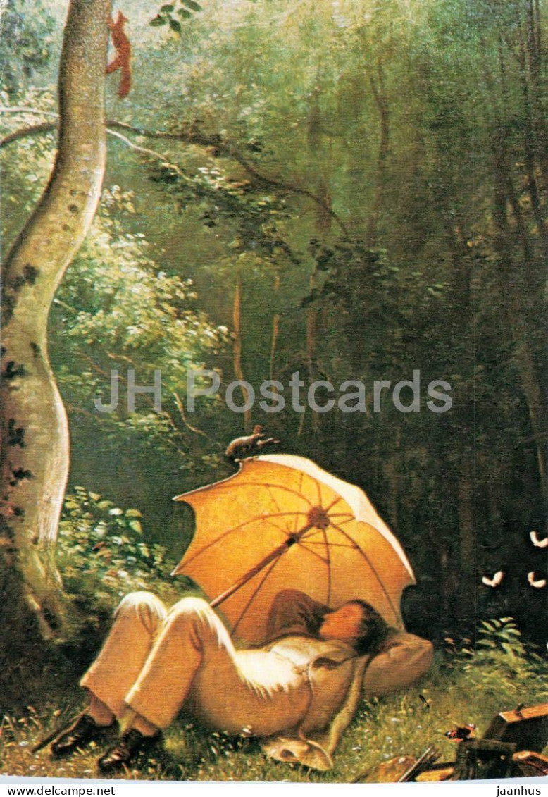 painting by Carl Spitzweg - The Rest in the Forest - Die Rast im Walde - squirrel - German art - Germany - unused - JH Postcards