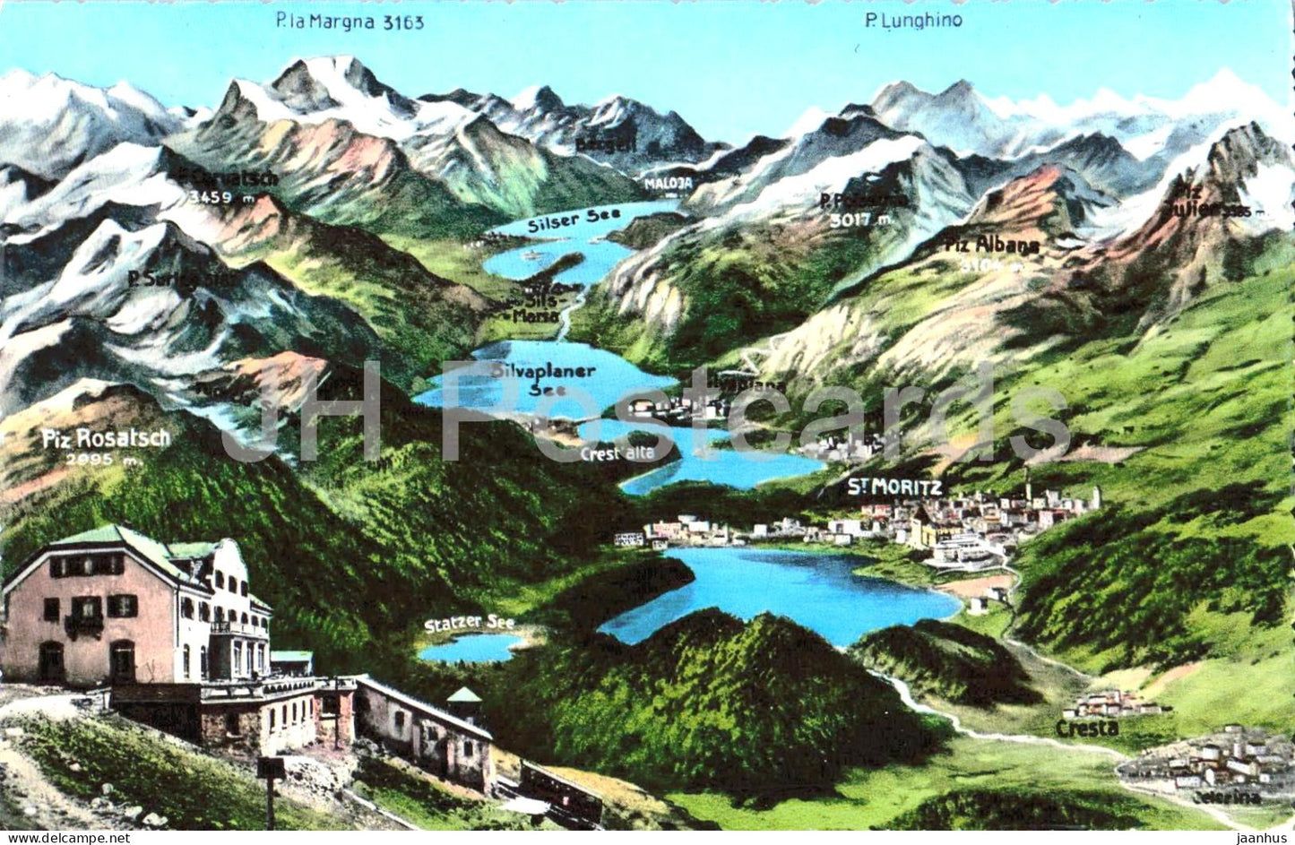 Muottas Muragl 2520 m - Engadin - Piz Rosatsch - mountains - alpine panorama - 173 - old postcard - Switzerland - unused - JH Postcards