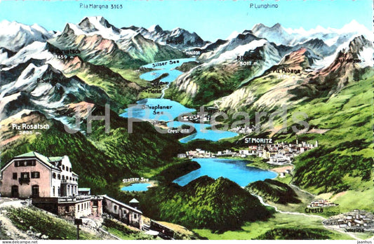 Muottas Muragl 2520 m - Engadin - Piz Rosatsch - mountains - alpine panorama - 173 - old postcard - Switzerland - unused - JH Postcards