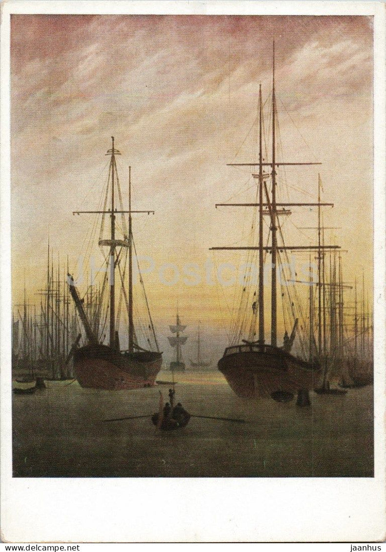 painting by Caspar David Friedrich - Harbour of Greifswald - Hafen von Greifswald - ship - German art - Germany - unused - JH Postcards