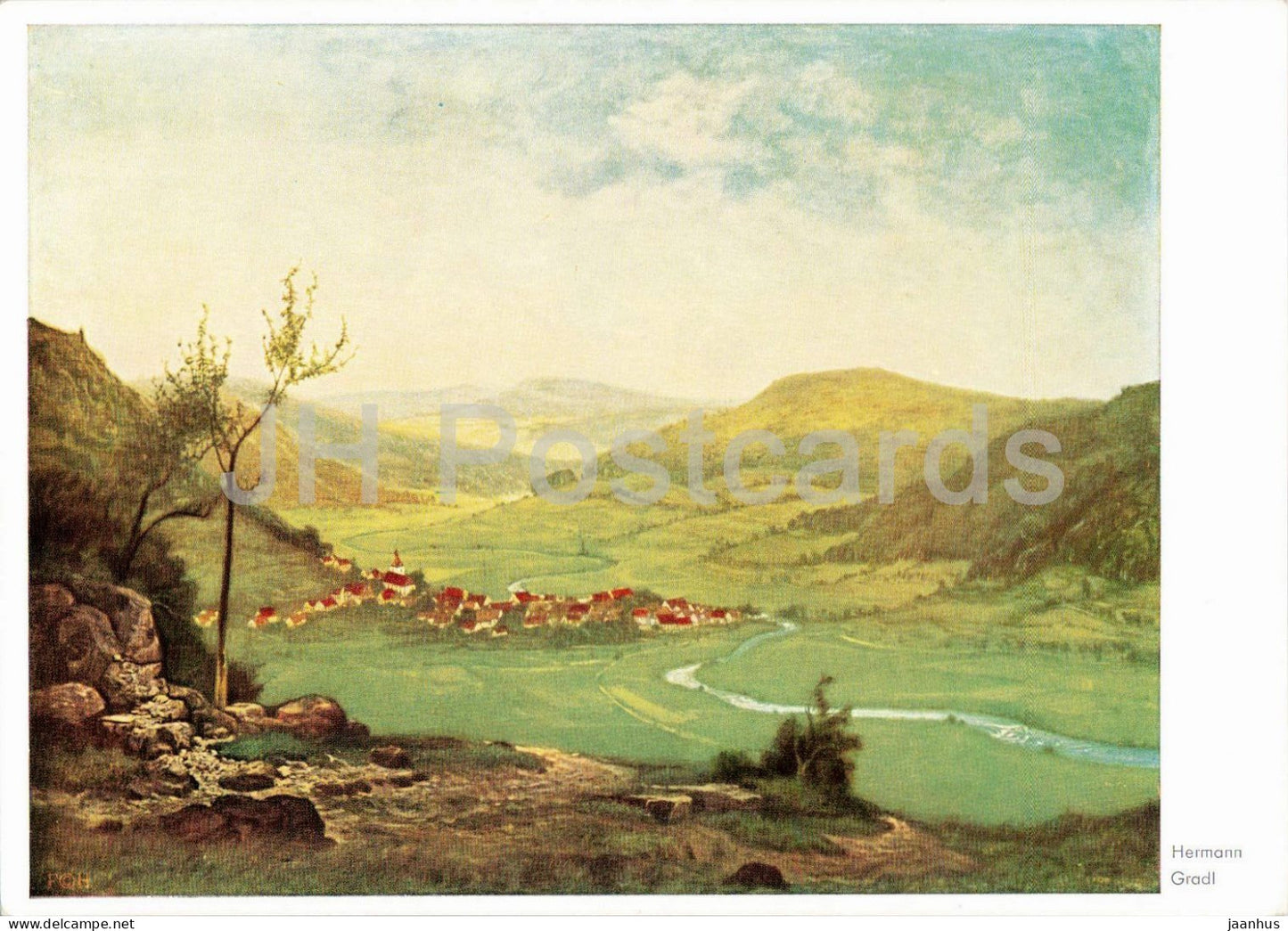 painting by Hermann Gradl - Quiet Village - Stilles Dorf - German art - Germany - unused - JH Postcards