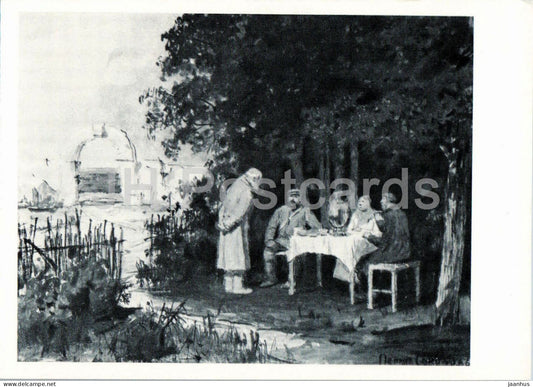 watercolor by Pyotr Sokolov - Tea Drinking - Russian art - 1966 - Russia USSR - unused - JH Postcards