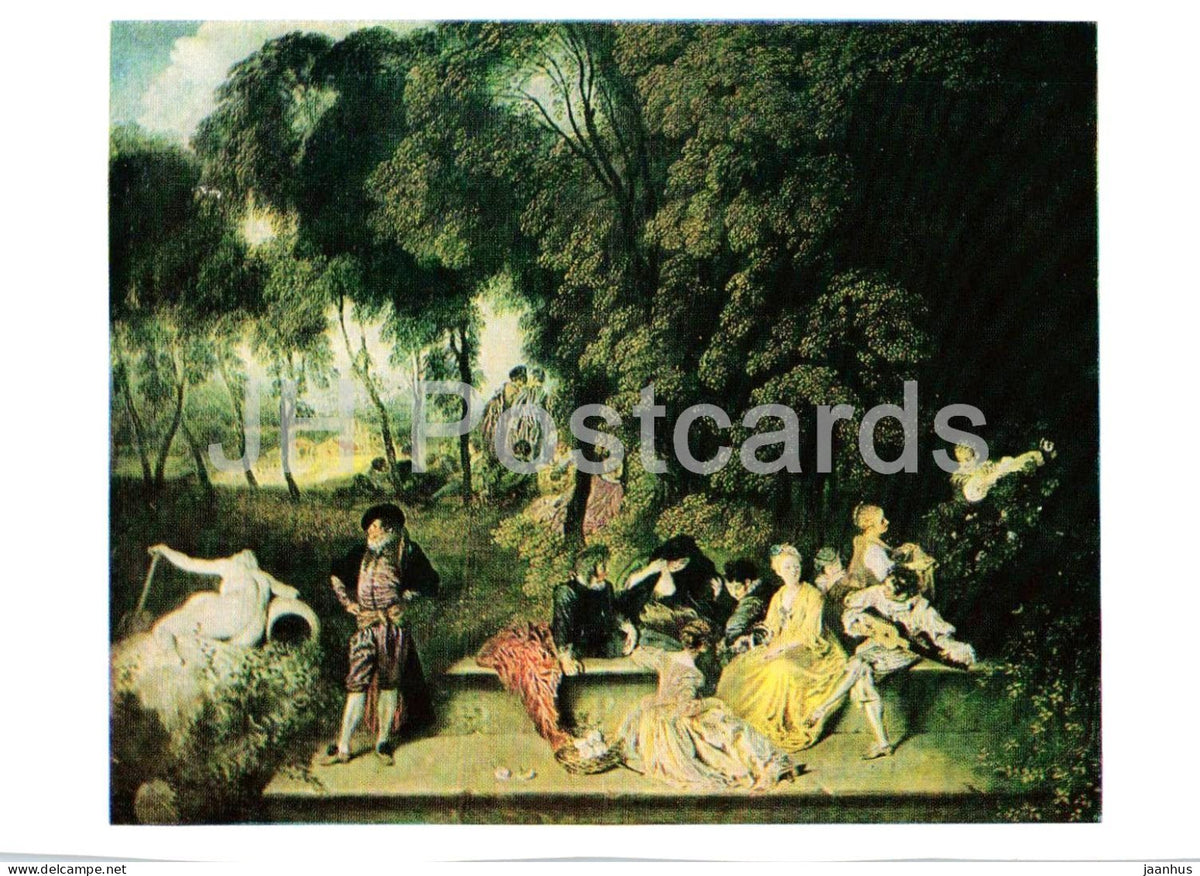 painting by Antoine Watteau - Party in the Open Air - Gesellige Unterhaltung im Freien - 1971 - Germany DDR - used - JH Postcards