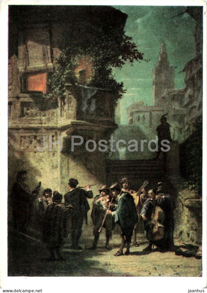 painting by Carl Spitzweg - The Spanish Serenade - Spanisches Standchen - old postcard - 1954 - Germany DDR - unused - JH Postcards