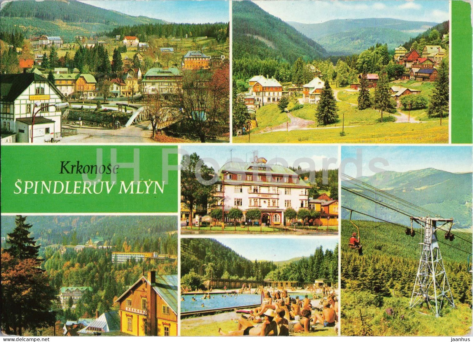 Krkonose Spindleruv Mlyn - mountain resort hotel - cable car - multiview - Czech Republic - Czechoslovakia - unused - JH Postcards