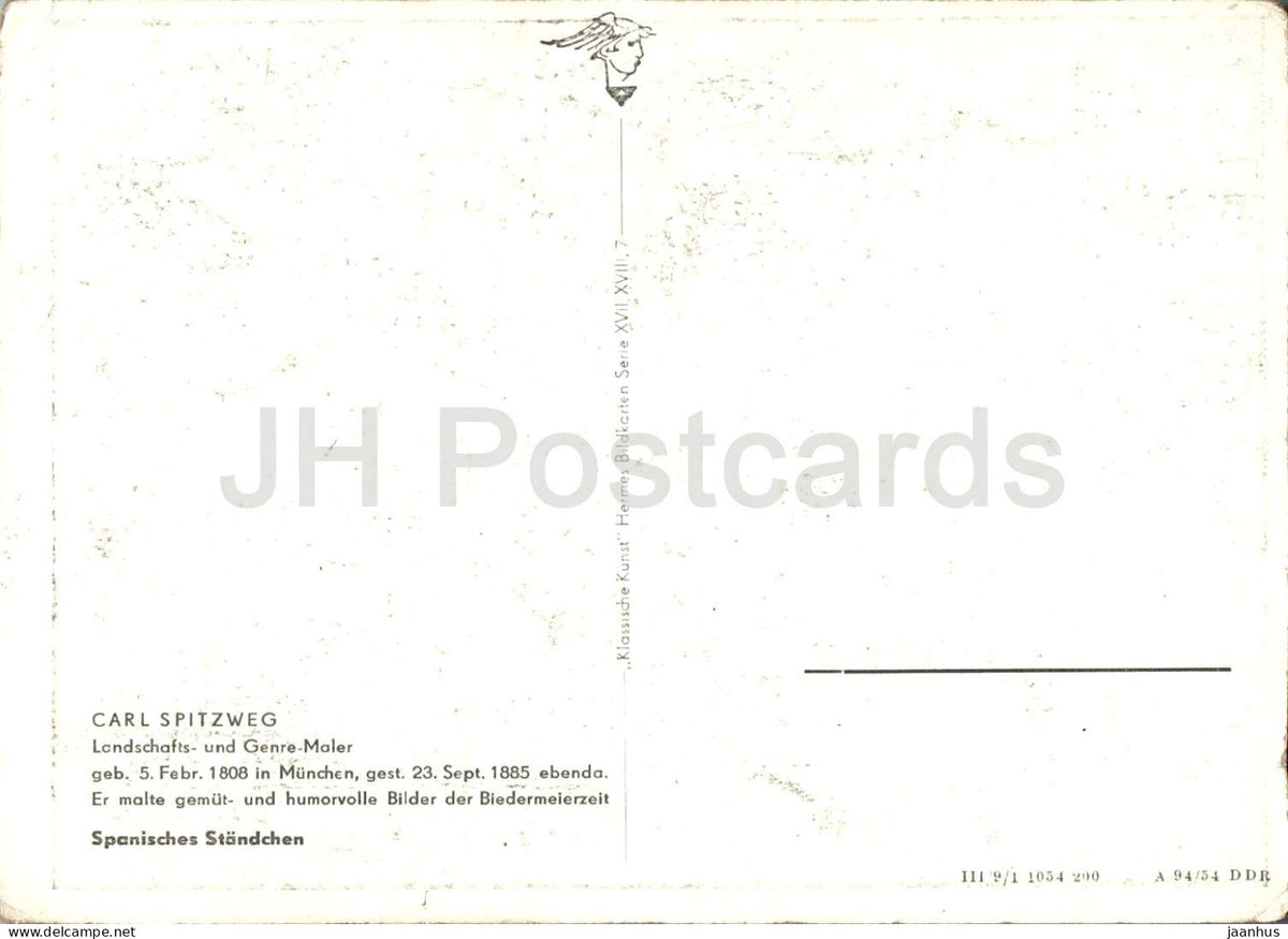 painting by Carl Spitzweg - The Spanish Serenade - Spanisches Standchen - old postcard - 1954 - Germany DDR - unused