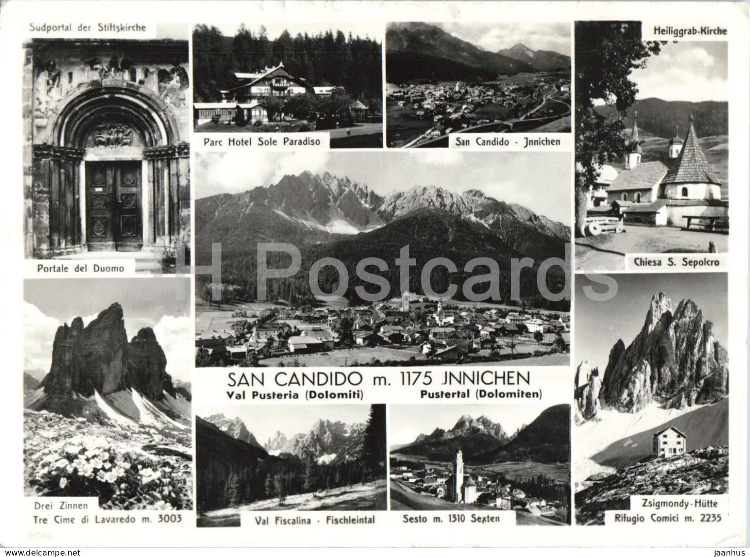 San Candido m. 1175 - Innichen - Val Pusteria Dolomiti - Pustertal - Alpine town multiview - old postcard - Italy - used - JH Postcards