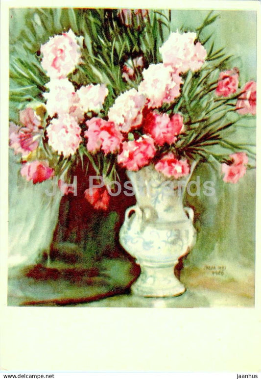 Birthday Greeting Card by L. Mei - Meissen vase with pink carnations flowers illustration - 1970 - Estonia USSR - used - JH Postcards