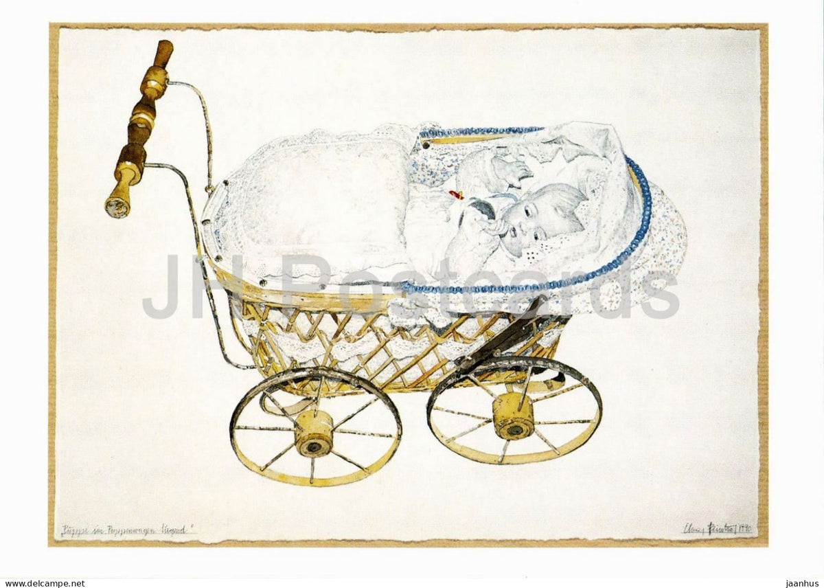 drawing by Elmar Peintner - Doll Lying in a Dolls Pram - Puppe im Puppenwagen liegend - art - 1998 - Austria - unused - JH Postcards