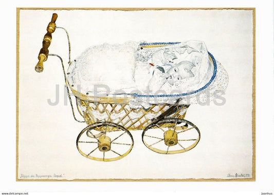 drawing by Elmar Peintner - Doll Lying in a Dolls Pram - Puppe im Puppenwagen liegend - art - 1998 - Austria - unused - JH Postcards