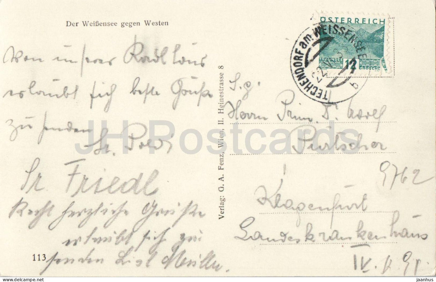 Der Weissensee gegen Westen - lake - panorama - mountains - 113 - old postcard - 1933 - Austria - used