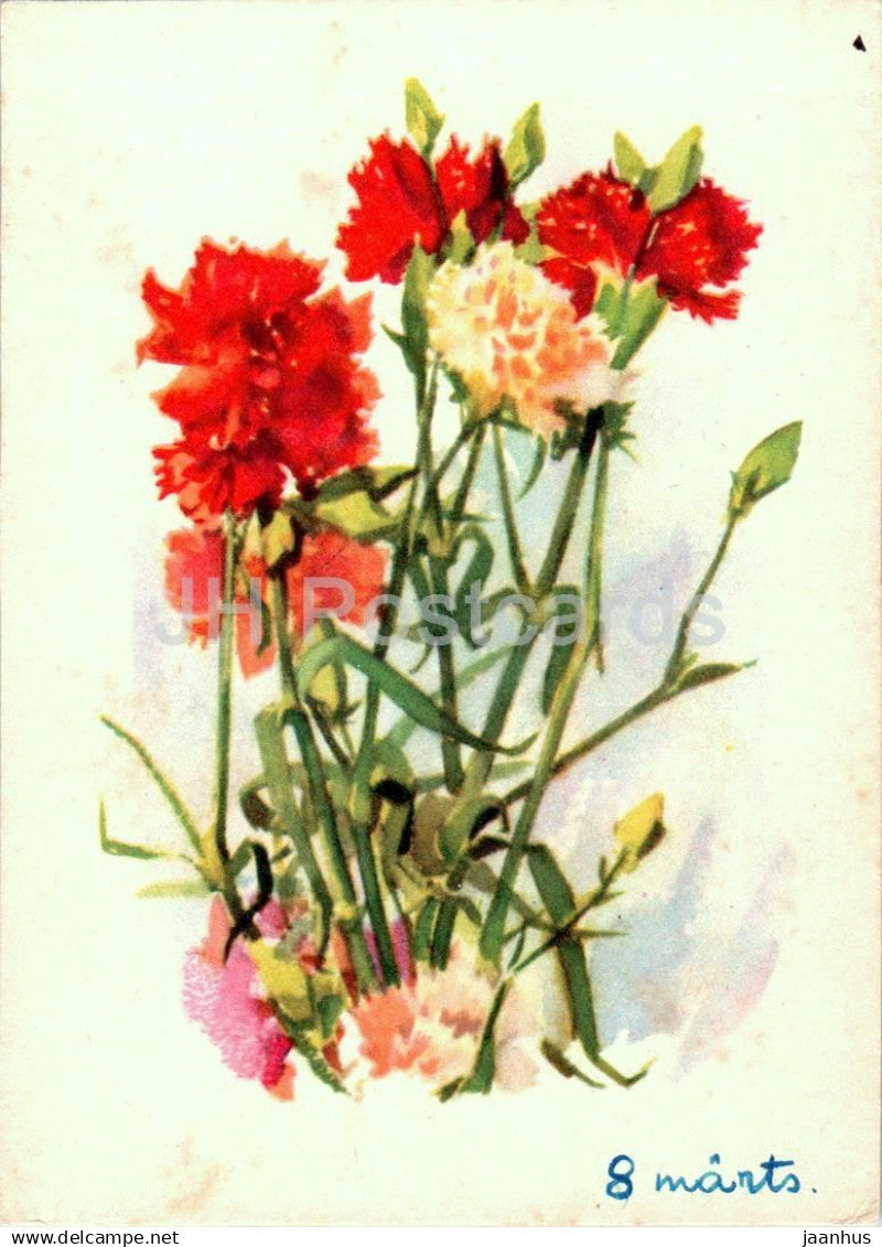 Birthday Greeting Card by U. Kulv - Carnation - flowers - illustration - 1961 - Estonia USSR - used - JH Postcards