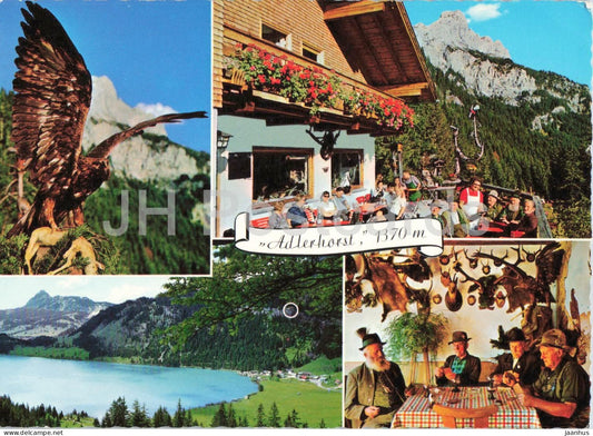 Adlerhorst am Haldensee 1370 m - alpine inn - eagle - bird - mountain lake - multiview - F 159 - Austria - unused - JH Postcards