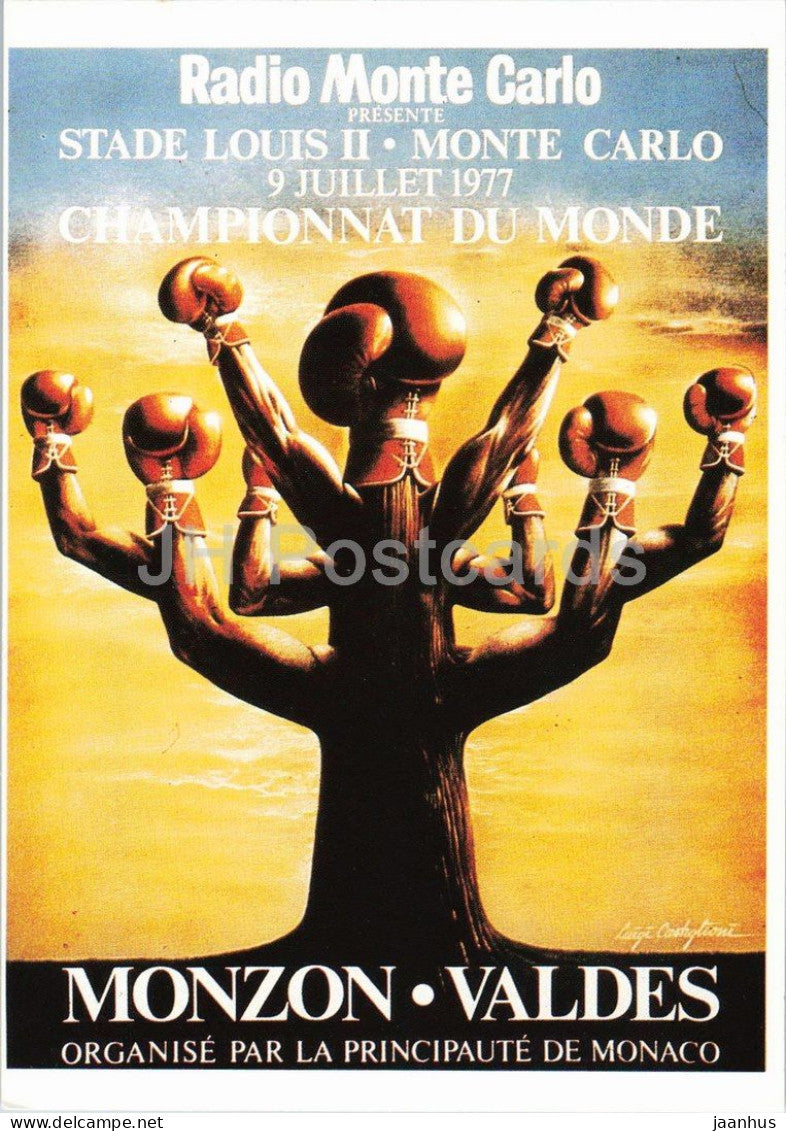 painting by Luigi Castiglioni - Monzon Valdes boxing poster - Serie Boxe Monte Carlo - boxing - 1980s - France - unused - JH Postcards