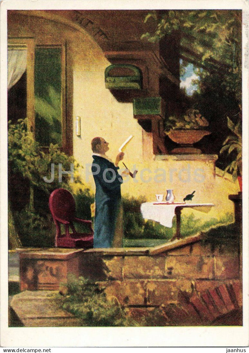 painting by Carl Spitzweg - Morning Reading - Morgenlekture - German art - old postcard - 1957 - Germany DDR - unused - JH Postcards