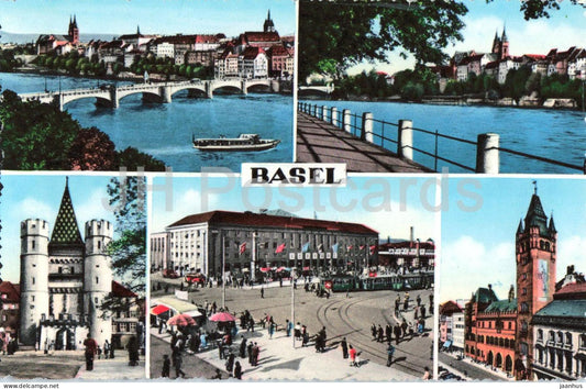 Basel - Basle - bridge - cathedral - town hall - multiview - 122 - old postcard - Switzerland - unused - JH Postcards
