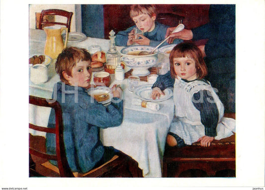 painting by Z. Serebryakova - At breakfast - children - Russian art - 1979 - Russia USSR - unused - JH Postcards