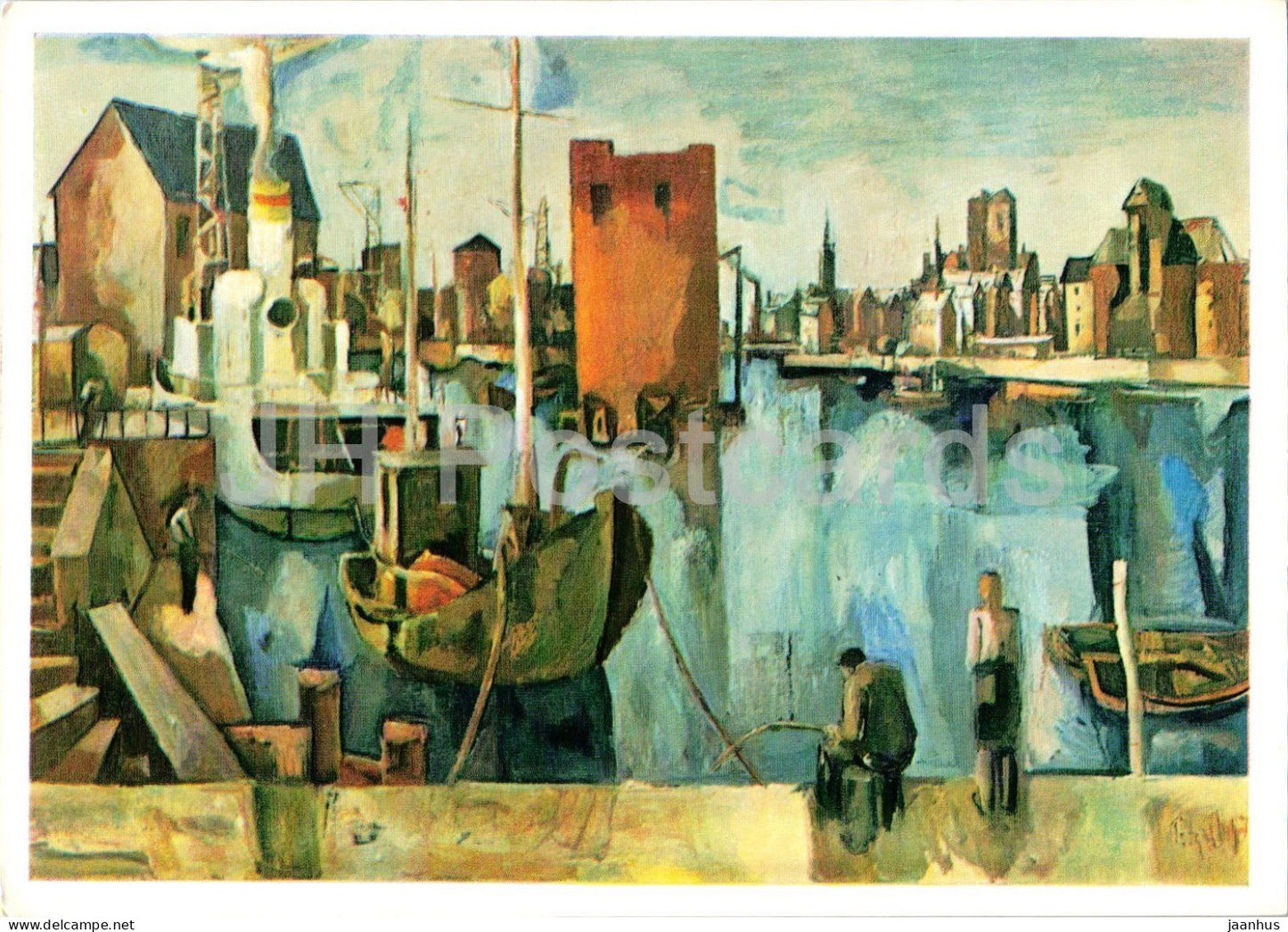 painting by Gert Potzschig - Alter Hafen - old harbour in Gdansk - ship - German art - 1960s - Germany DDR - unused - JH Postcards