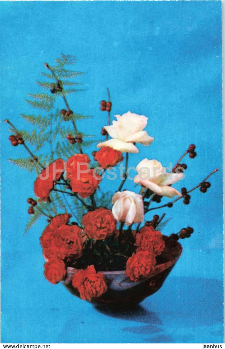 Narcissus and Orange Triumph flowers - rose - ikebana - arrangement - botanical - 1979 - Moldova - USSR - unused - JH Postcards