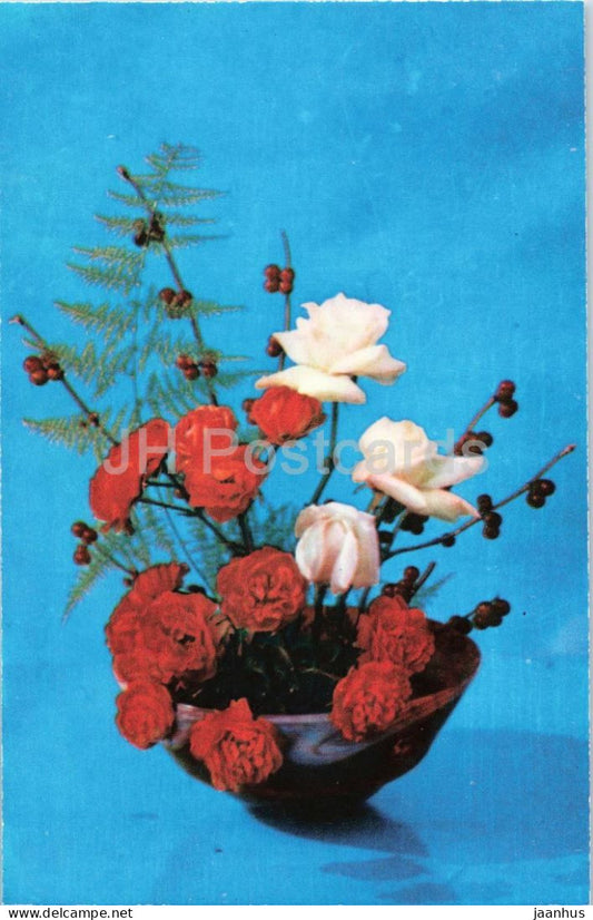 Narcissus and Orange Triumph flowers - rose - ikebana - arrangement - botanical - 1979 - Moldova - USSR - unused - JH Postcards