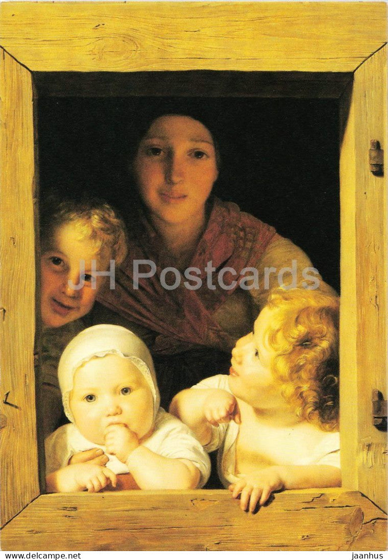 painting by Ferdinand Georg Waldmuller - Young Peasant Woman with Three Children at the Window - 1998 - Austria - unused - JH Postcards