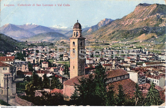 Lugano Cattedrale di San Lorenzo e Val Colla - cathedral - Alps - 6861 - old postcard - 1910 - Switzerland - used - JH Postcards