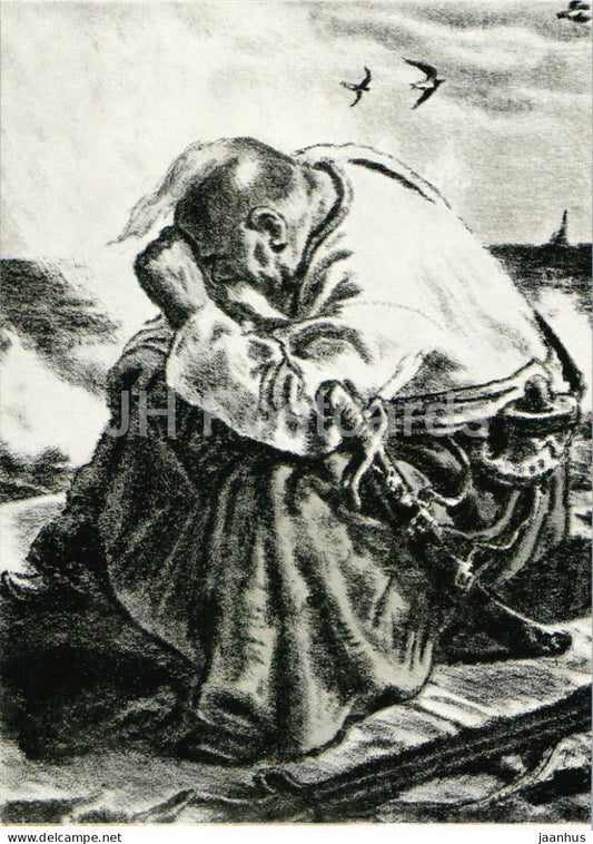 Taras Bulba by N. Gogol -  Zaporozhian Cossack - sword - illustration by E. Kibrik - 1960 - Russia USSR - unused - JH Postcards