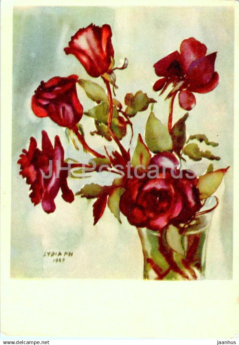 Birthday Greeting Card by L. Mei - Red Roses - flowers - illustration - 1970 - Estonia USSR - used - JH Postcards