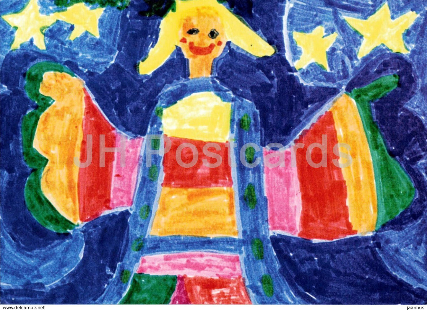 drawing by Tobias Scherdin - Angel with Stars - childrens art - 2000s - Germany - used - JH Postcards