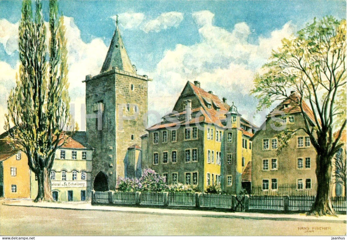 watercolor by Hans Fischer - old town gate tower - Jena - German art - Germany - unused - JH Postcards