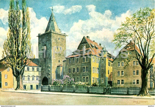 watercolor by Hans Fischer - old town gate tower - Jena - German art - Germany - unused - JH Postcards