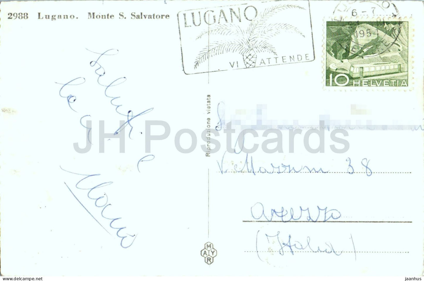 Lugano Monte S Salvatore - lake - mountains - Alps - 2988 - old postcard - 1954 - Switzerland - used