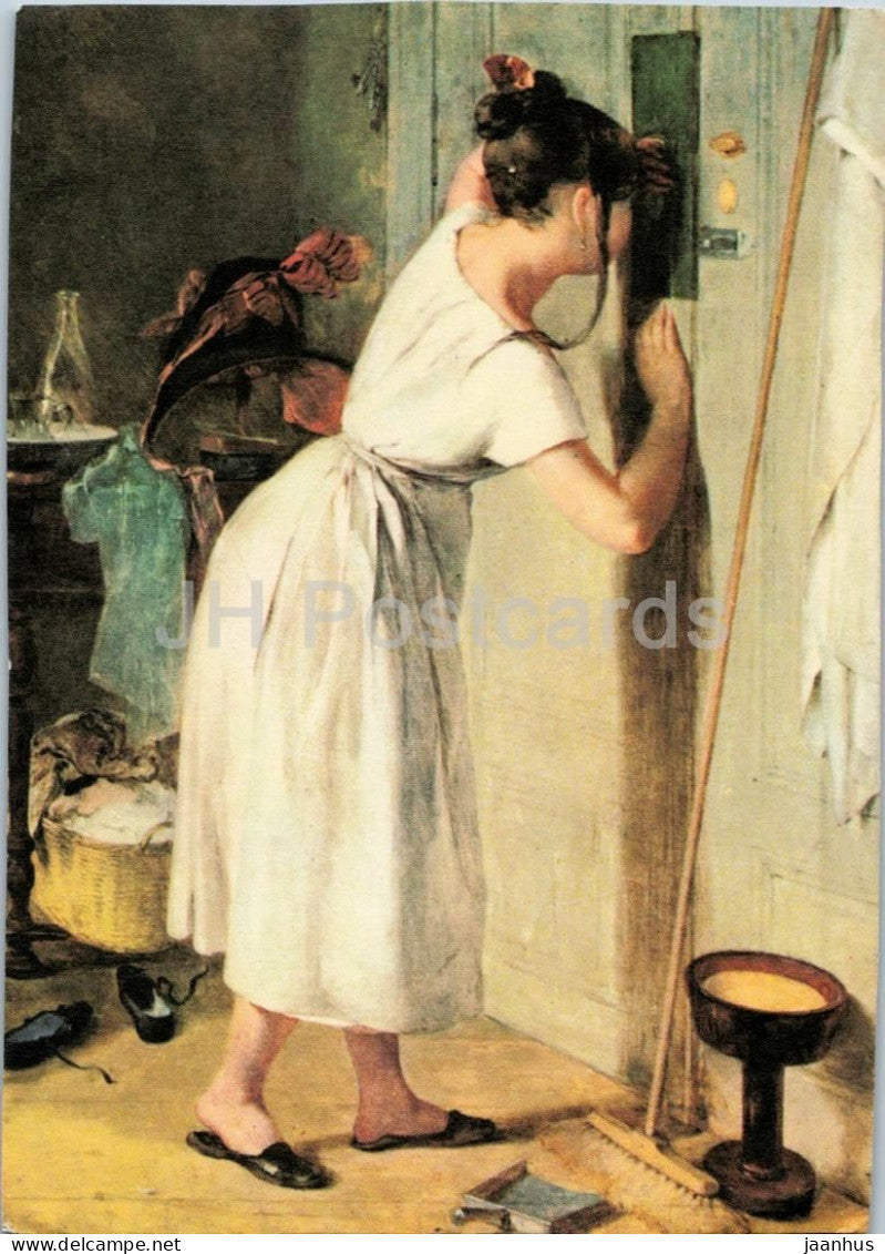 painting by Peter Fendi - The Eavesdropper - Die Lauscherin - Austrian art - Germany - unused - JH Postcards