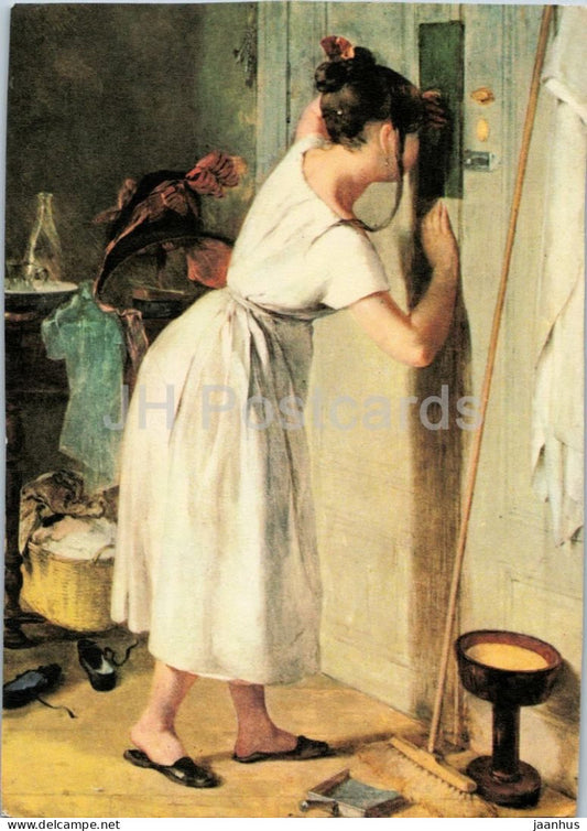 painting by Peter Fendi - The Eavesdropper - Die Lauscherin - Austrian art - Germany - unused - JH Postcards