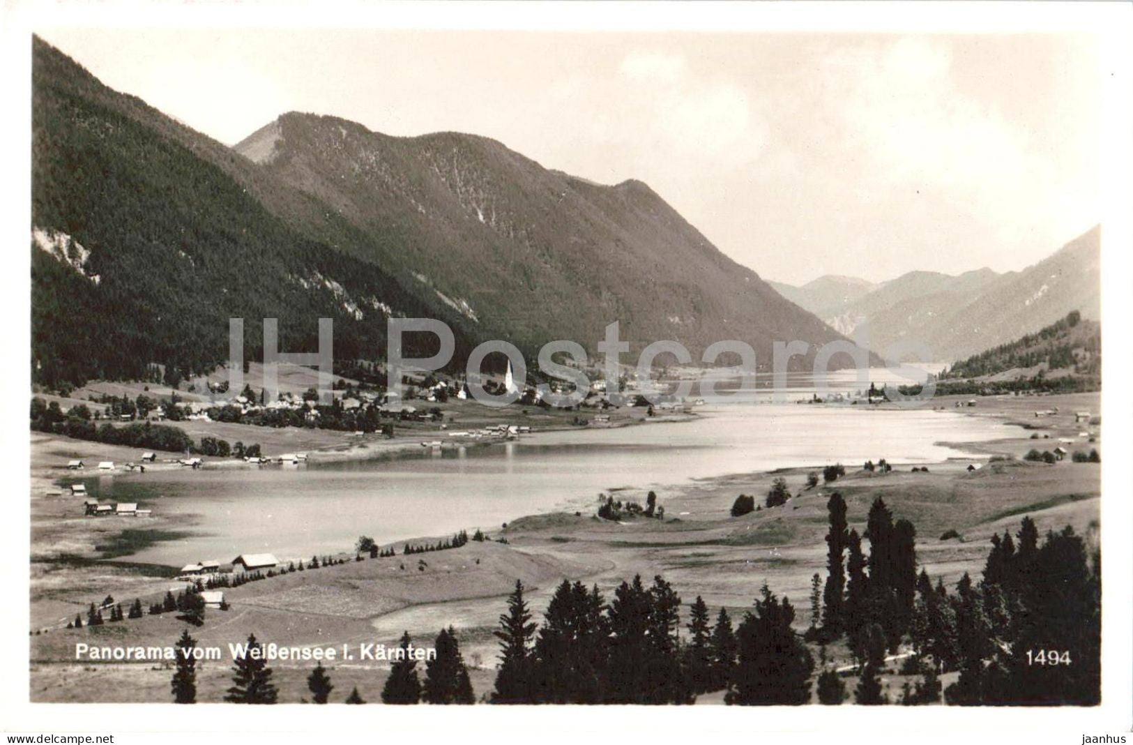 Panorama vom Weissensee i. Karnten - lake - village - mountains - 1494 - old postcard - 1936 - Austria - used - JH Postcards