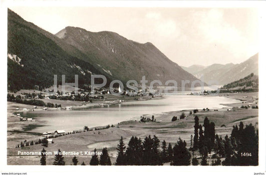 Panorama vom Weissensee i. Karnten - lake - village - mountains - 1494 - old postcard - 1936 - Austria - used - JH Postcards