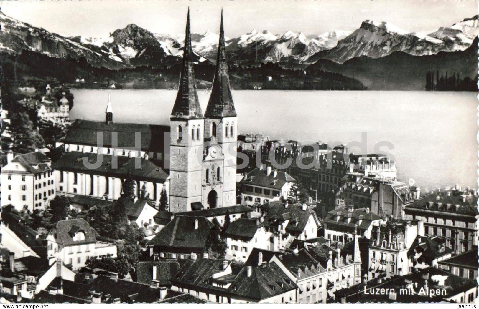 Luzern mit Alpen - Lucerne - church - lake - mountain panorama - 178 old postcard - 1950s - Switzerland - used - JH Postcards
