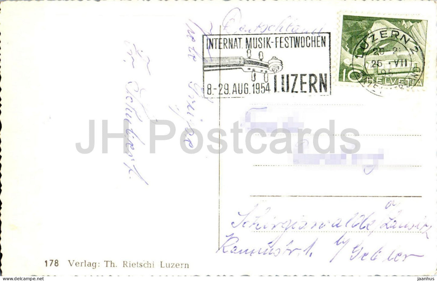 Luzern mit Alpen - Lucerne - church - lake - mountain panorama - 178 old postcard - 1950s - Switzerland - used