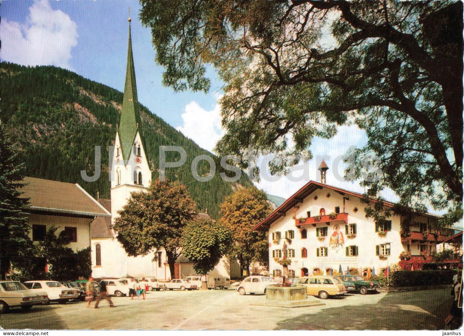 Luftkurort Mayrhofen im Zillertal - Kramerwirt - Tirol - town square - church - car - 269/29 - 1994 - Austria - used - JH Postcards