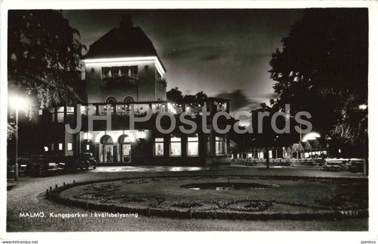 Malmo - Kungsparken in evening illumination - park - night view - architecture - old postcard - 1950 - Sweden - used - JH Postcards