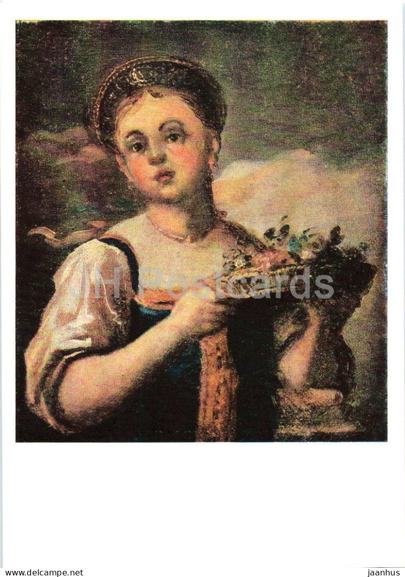 painting by Vasily Tropinin - Girl in a Blue Sarafan with Flower Basket - folk costumes - 1970 - Russia USSR - unused - JH Postcards