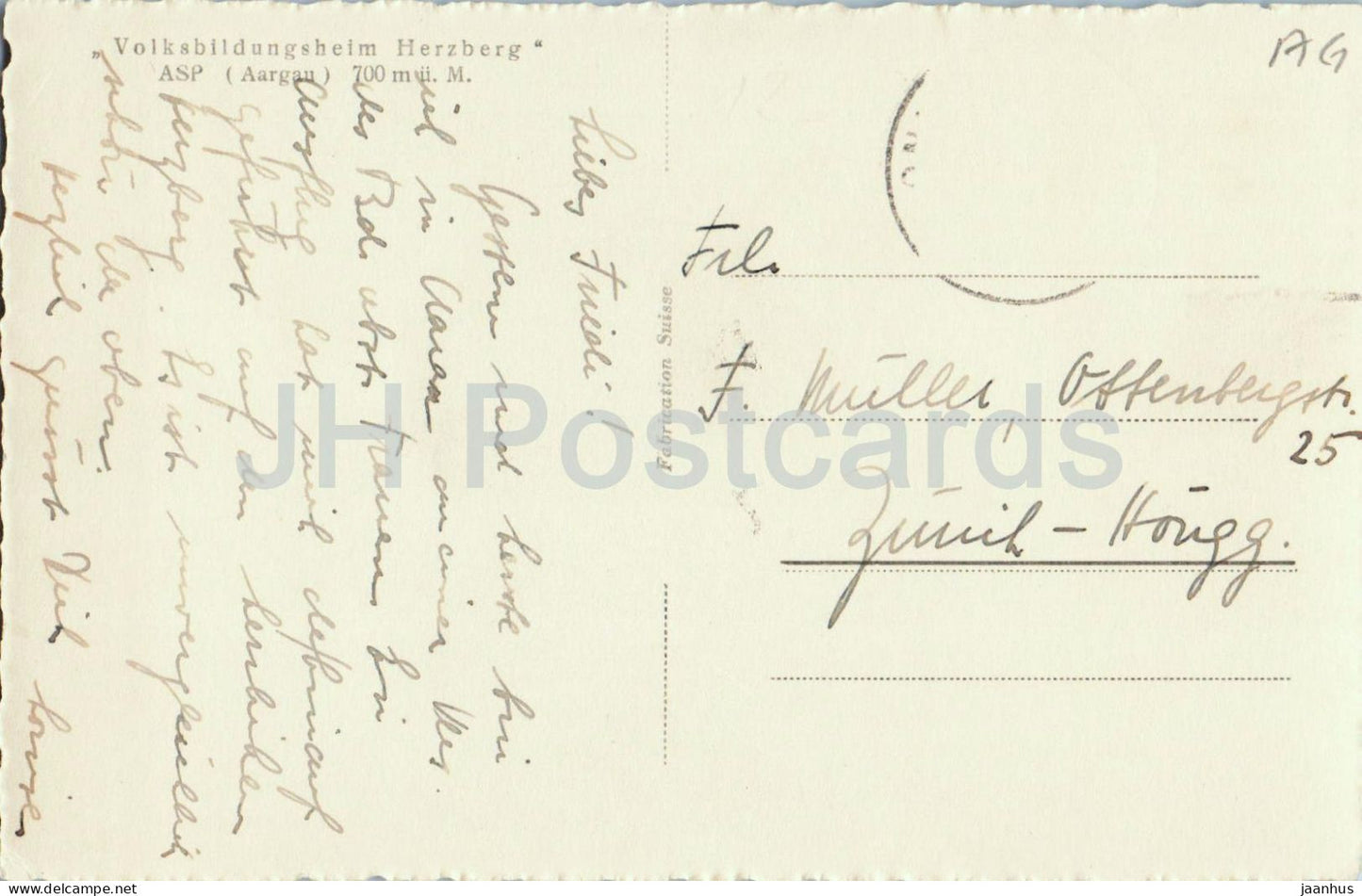 Herzberg - Blick auf die Staffelegg - Volksbildungsheim - campagne - carte postale ancienne - Suisse - utilisé 