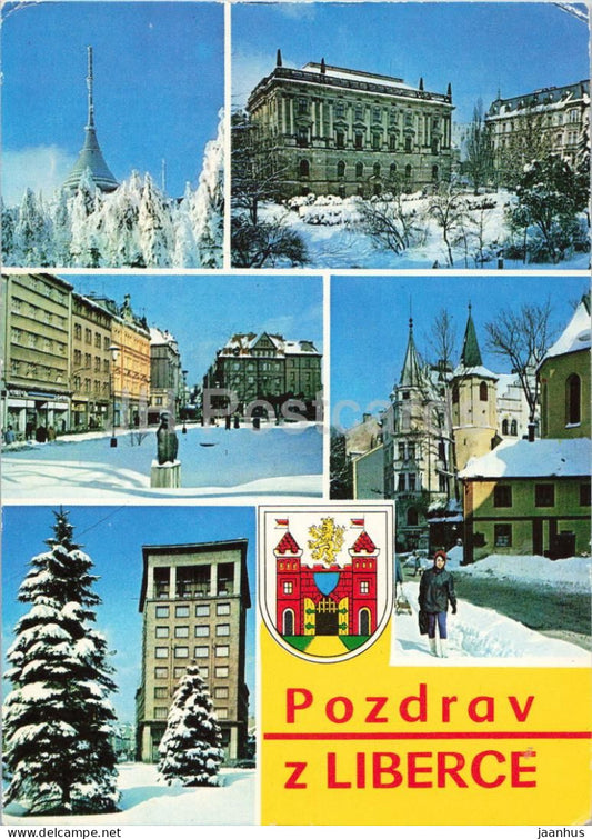 Pozdrav z Liberce - Liberec - winter city views - coat of arms multiview - 1991 - Czech Republic - Czechoslovakia - used - JH Postcards