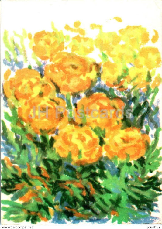 Birthday Greeting Card by A. Joers - Globeflower - yellow - flowers - illustration - 1983 - Estonia USSR - used - JH Postcards